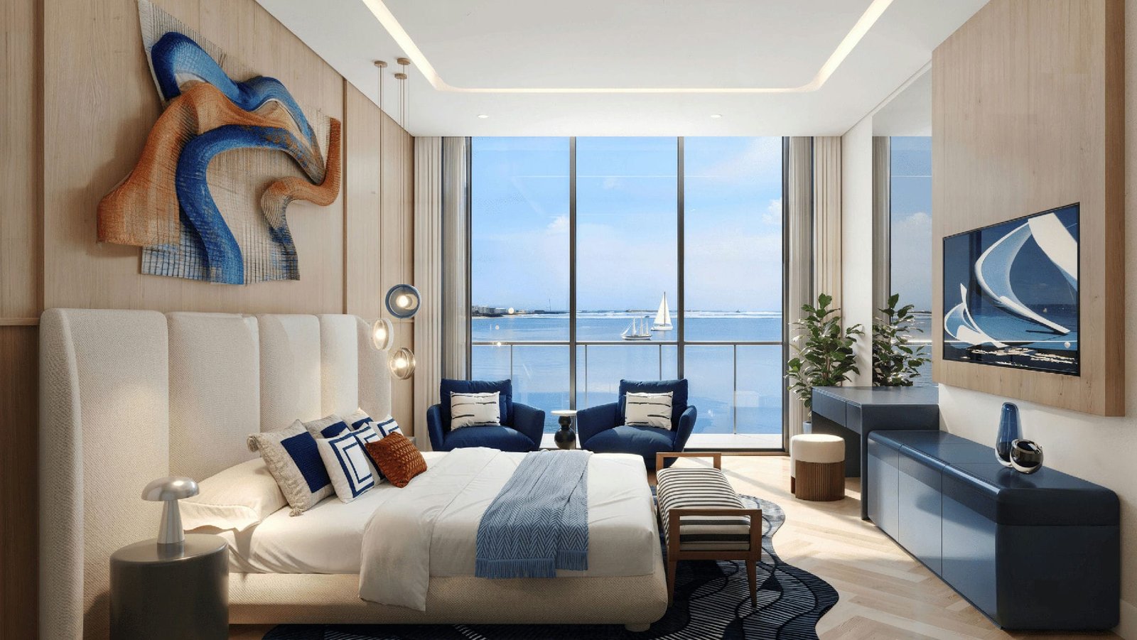 Master suite of a premium Seamont unit with sea view in Abu Dhabi with smart storage features and built-in lighting