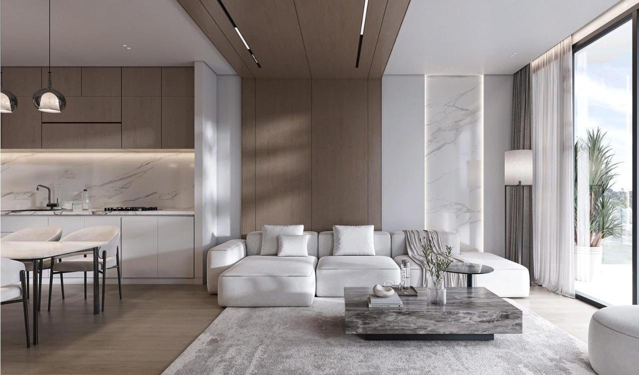 Luxury furnished living room in a branded apartment at Canal View Residence, offering canal views and modern interiors.