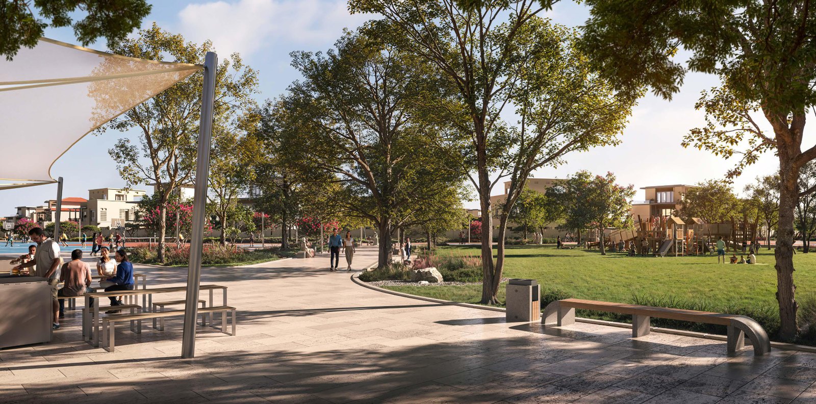 Scenic streetscape of Wadeem community featuring landscaped paths and exclusive villa plots on Hudayriyat Island