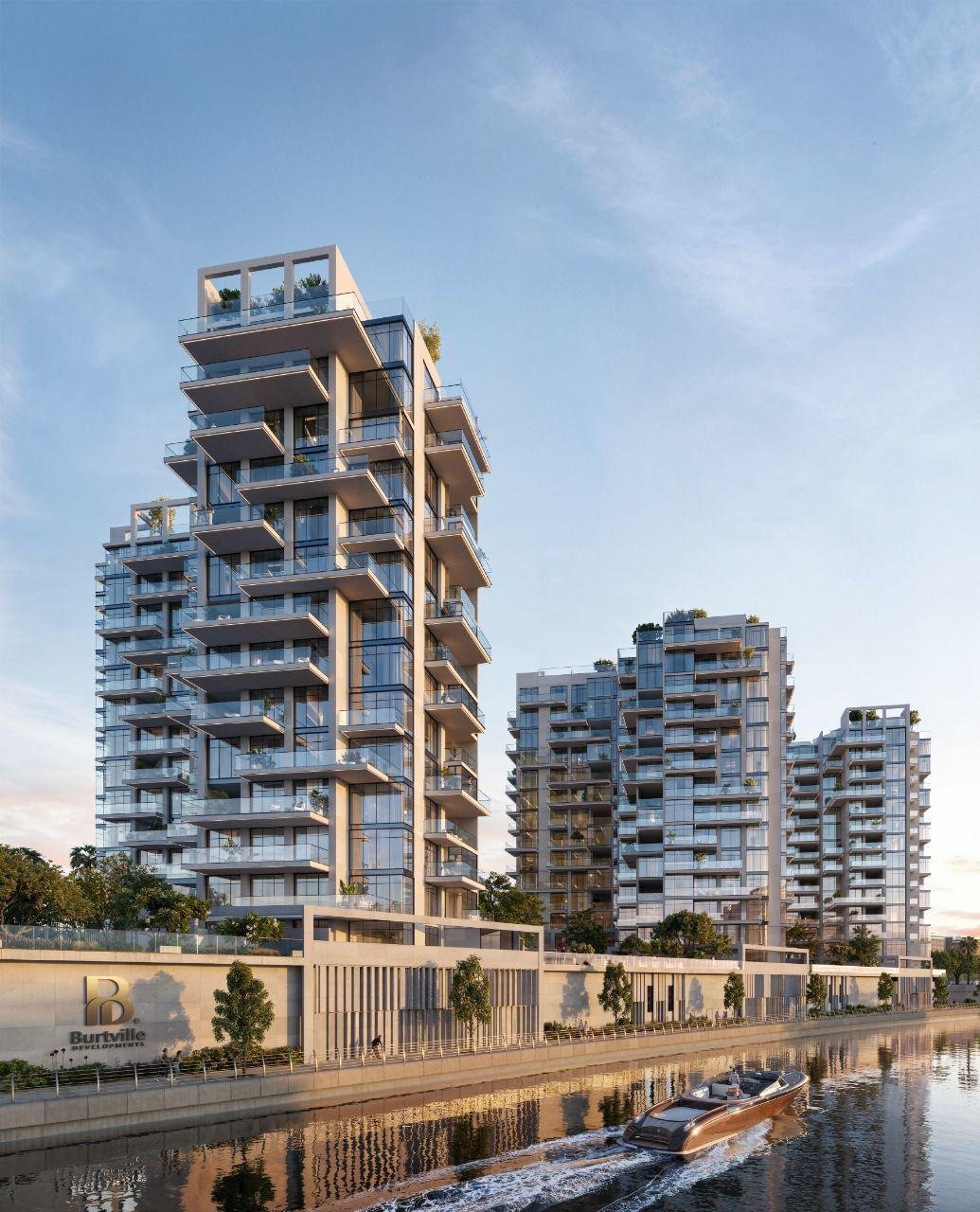 Exterior view of Bab Al Qasr Canal View Residence, a newly launched waterfront residential project at Al Raha Beach, Abu Dhabi.