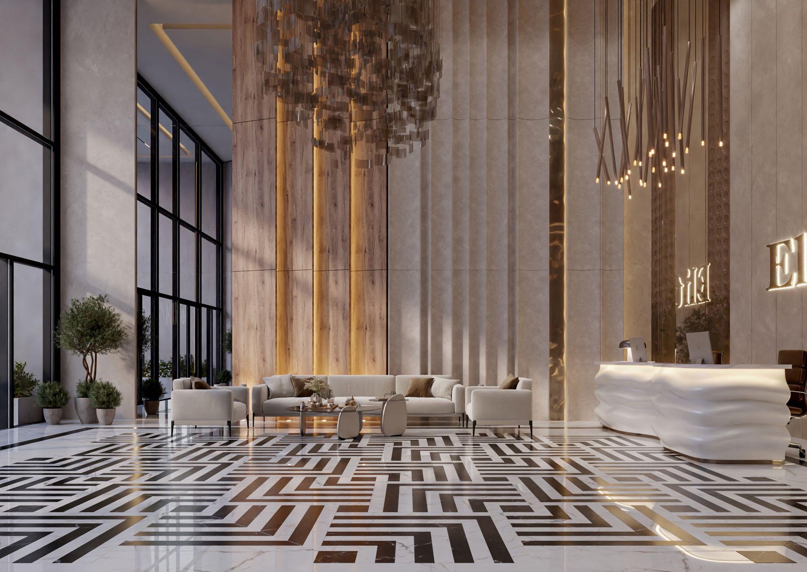 Modern Reception Area at Radiant Elite Tower with panoramic floor-to-ceiling windows overlooking the sea