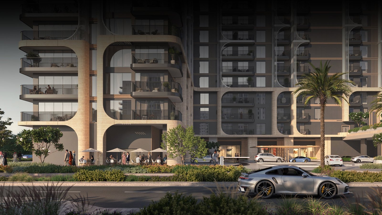 Aerial view of Yas Living by Aldar, located on Yas Island, Abu Dhabi, showcasing the walkable community layout, landscaped spaces, and vibrant atmosphere a